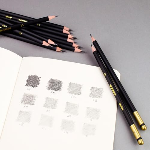 Kores - Grafitos: Graphite Pencils Different Grades Set for Kids and Adults with Soft Lead, Triangular Shape, School and Art Supplies for Writing, Drawing and Sketching, Set of 12 in Metal Box