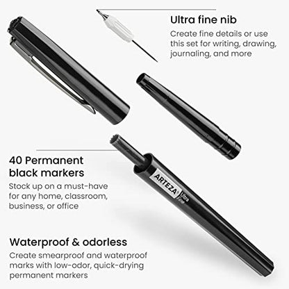 ARTEZA Permanent Markers, 40 Black Pens, Ultra-Fine Tip Paint Pens, Quick-Drying, Water Resistant, for Calligraphy and Note Taking, Office, Classroom - style: Ultra-Fine Tip