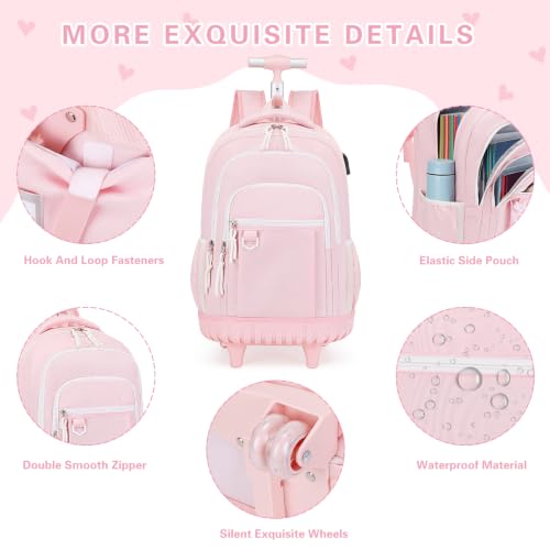 DIGOBAY Rolling Backpack for Girls, Cute Girls Backpack with Wheels, Kids Wheeled backpacks Set with Lunch Bag Pencil Case for Teen Girl, Roller School Bag with Wheels for Elementary Middle School - color: Pink