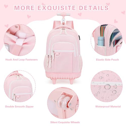 DIGOBAY Rolling Backpack for Girls, Cute Girls Backpack with Wheels, Kids Wheeled backpacks Set with Lunch Bag Pencil Case for Teen Girl, Roller School Bag with Wheels for Elementary Middle School - color: Pink