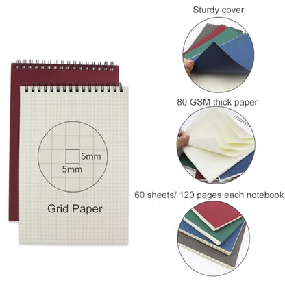 4 Pack Graph Paper Notebook, A5 Top Wirebound Grid Spiral Notebook 5.8" x 8.3",60 Sheets,5mm x 5mm Grid Paper,Grid Notepad for Students, Math, Engineering (4 Colors) - color: 4 Colors
