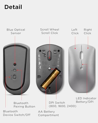 Lenovo 600 Bluetooth Silent Mouse, Blue Optical Sensor, Adjustable DPI, 4 Button, Microsoft Swift Pair, Windows, Chrome, GY50X88832, Gray - color: Gray