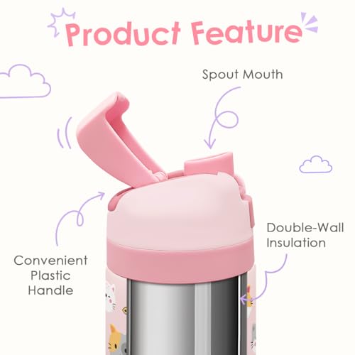 Cat Kids Insulated Stainless Steel Water Bottle 16 Oz, Travel Tumbler for School, Sports for Girls, Birthday, Back To School (Pink) - color: Cat 1