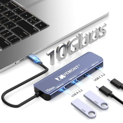 USB C Hub 3.2 10Gbps, VEMONT Aluminum USB 3.2 Hub with 2 USB-C and 2 USB-A Data Ports, Ultra Slim USB 3.2 Gen 2 Hub for MacBook Pro/Air 2022/2021, iPhone 15, iPad Pro, XPS, Surface Pro and More - style: 4 in1 10Gbps