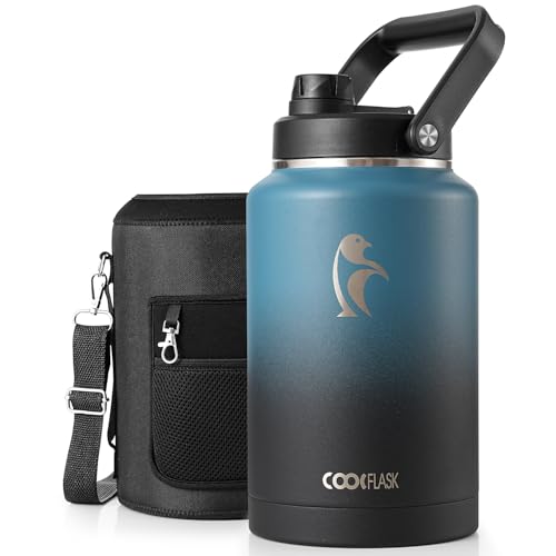 Coolflask Titan Gallon Water Bottle Insulated, 128 oz Water Jug Stainless Steel Leakproof with Large Handle Spout Lid & Carrying Sleeve, Wide Mouth Metal Flask for Sports Camping, Samurai Cyan - color: Samurai Cyan, size: 128 Ounces