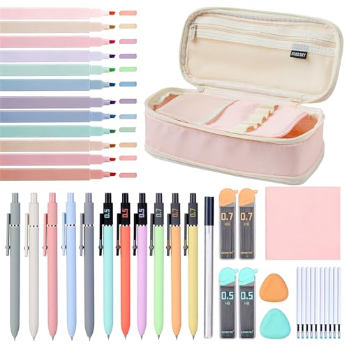 ITAWIXS 37pcs Aesthetic School Supplies Set with Cute Pen Case, 6 Mechanical Pencils Set, 5 Quick-Dry Gel Pens, 12 Pastel Highlighters for Students Stationary College Essentials