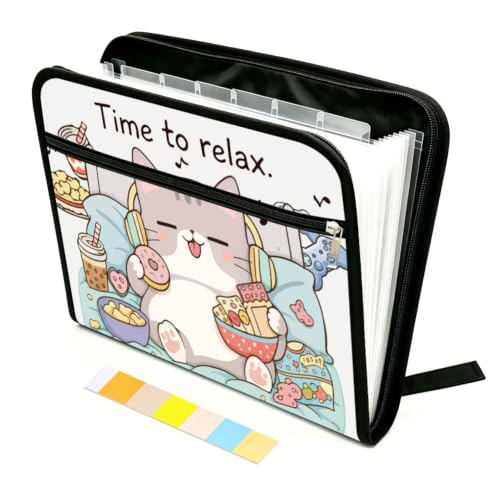 WEBEEDY Funny Cute Cat Style Expanding File Folder with 13 Pockets, Labels and Zipper, Portable Accordion Paperwork Organiser Document Organizer Folder for A4 Paper Paperwork Travel Office Use