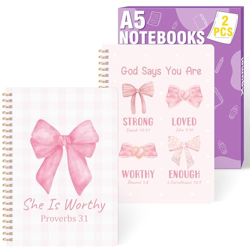 Xqumoi 2 Pack A5 Pink Bow Coquette Religious Spiral Notebooks - She Is Worthy Bible Verses Writing Notebooks, Ruled Lined Journal, Christian Christmas Gift, Sunday School Supplies - style: J-Pink Bow Religious