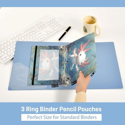 Cute Axolotls Algae Blue Binder Pencil Pouch 3 Ring Clear Pouches with Zipper Pen Organizer for Office College School, 2 Pack - color: Multi-cute Axolotls Algae Blue