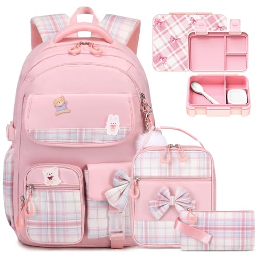 ACESAK Backpack for Girls - Bento Box with Insulated Lunch Bag Pencil Case & Utensils Set for Kids, 4 Leakproof Compartments Removable Tray Lunches or Snack Container for School (Pink) - color: Pink