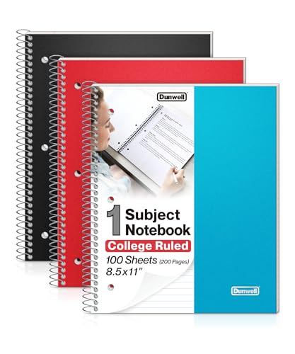 Dunwell College Ruled Spiral Notebook, (3-Pack, Red, Blue, Black) 1 Subject Notebook 8.5 x 11, Plastic Covers, Poly Pocket Dividers, 100 Sheets (200 Pages), 3-Hole Punched Perforated Paper - color: Assorted 3 Colors, style: 1 Subject (3 Pack)