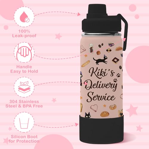 18oz Kikis Delivery Service Water Bottle with 2 Lids (Spout and Straw Lid), Kids Insulated Stainless Steel Cats Tumbler Cup, Kiki's Delivery Service Merchandise Gifts for Women Teen Girl - color: Cat-2