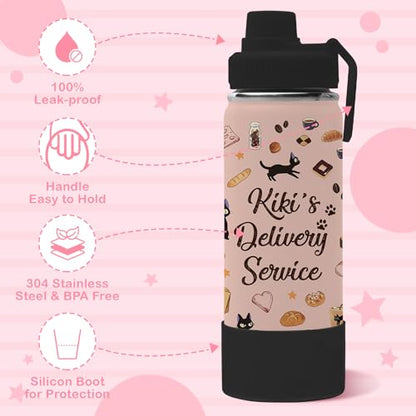 18oz Kikis Delivery Service Water Bottle with 2 Lids (Spout and Straw Lid), Kids Insulated Stainless Steel Cats Tumbler Cup, Kiki's Delivery Service Merchandise Gifts for Women Teen Girl - color: Cat-2