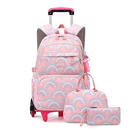 3Pcs Girls Rolling Backpack Kids Bookbag with Wheels Set Elementary Students Outdoors Trolley Schoolbag - color: Pink 6 Wheels-b