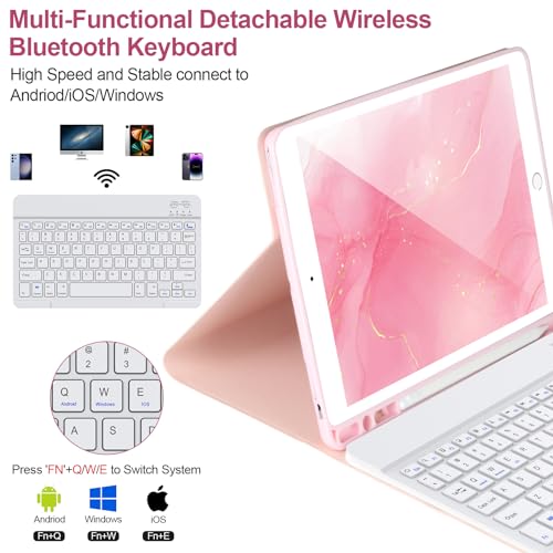 AHYWTAN Keyboard Case for iPad 9/8/7th Gen 10.2’’,Case with Bluetooth Keyboard for iPad 9th Gen with Pencil Holder,Pink-W - color: Pink-W