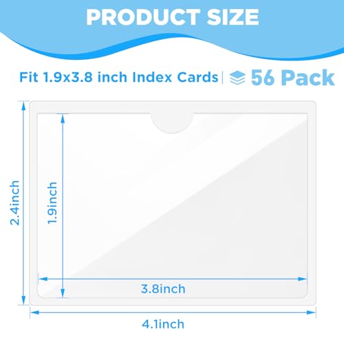 56 Pack Clear Self-Adhesive Pockets, 1.9" x 3.8" Index Card Pockets With Top Open Loading, PVC Label Holders for Organizing storage bins, Library Card, Drawer, and Protecting Your Cards - size: 1.9" x 3.8", style: 56 Pack