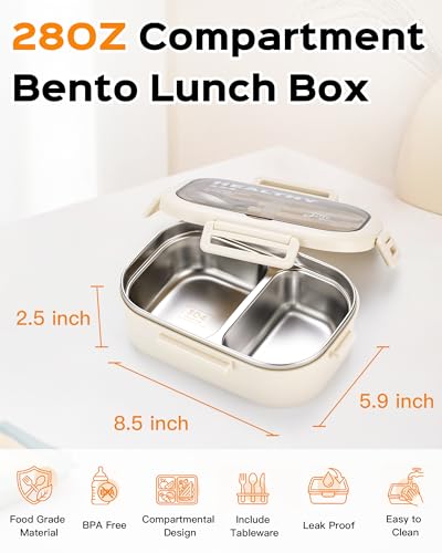 Lille Home 28oz Stainless Steel Leakproof 2-Compartment Bento Lunch Box/Portion Control Food Container with Lunch Bag and Cutlery Set, BPA Free (Beige) - color: Beige