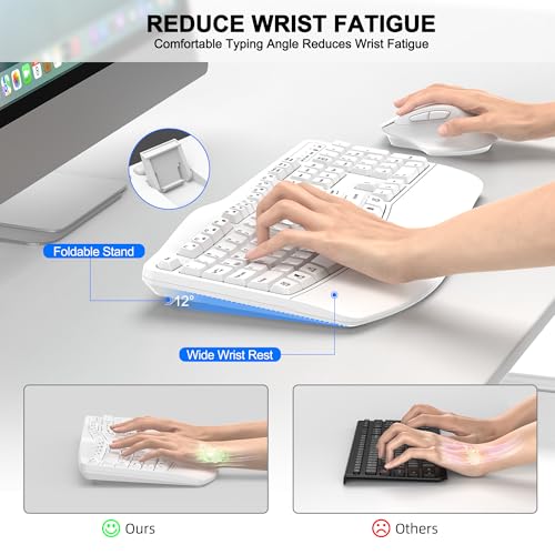 Wireless Keyboard and Mouse Combo, 2.4G Full Size Wave Keys Ergonomic Keyboard with Wrist Rest and 3-Level DPI Adjustable Wireless Ergonomic Mouse for Windows, Mac OS Desktop/Laptop/PC(White) - color: White