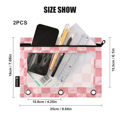 Hotpink Buffalo Plaid Binder Pouches 3 Ring for Boys Girls School Office College Supplies Pink Chessboard Lightpink Pencil Pouches Case Bag with Clear Window and Zipper 2 Pack - color: Hotpink
