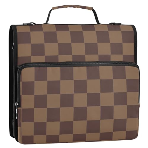 3 Ring Zipper Binder with Shoulder Strap Brown Checkerboard B 1.5 inch Binders Keeper Large Capacity Multi Pockets for School Office Supplies - color: Multi2341, size: Fit 500 Sheets