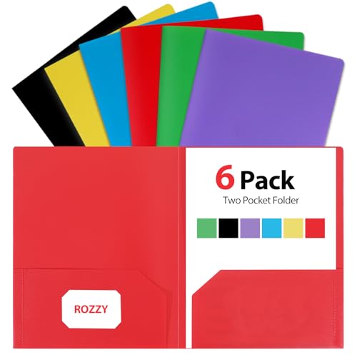 Plastic Folders with Pockets, 6 Rainbow Colors, 2 Pocket, Letter Size | 8.5x11 Paper, Business Card Slot, Black to School Supplies, For Kids / Students / Teachers, Office Organization - color: Assorted Colors(red, Blue, Yellow, Green, Purple, Black), styl