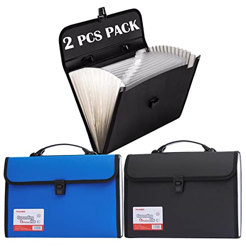 2 Pack 12 Pockets Accordion File Organizer with Handle, TRANBO Letter Size/A4 Expanding File Folder, Portable Paper Organizer, Expandable Plastic Document Organizer for Travel School Office - color: 12 Pockets,1 of Each Black and Blue, size: Letter Size &