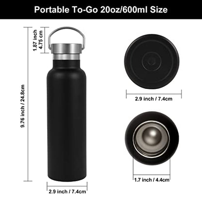 Neihepal 20 oz Insulated Water Bottles Bulk 2 Pack,Stainless Steel Double Wall Sport Bottle with Lid of Handle,Metal Reusable Thermoses Flask with Cup Cap for School,Hikers,Gift (Black,Set of 2) - color: Black