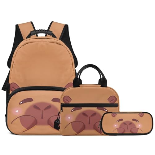 Capybara Kids Backpack for School, 17 Inch Bookbag with Lunch Box Kids School Bag Set 3pcs School Daypack for Teens Boys Girls - color: Capybara