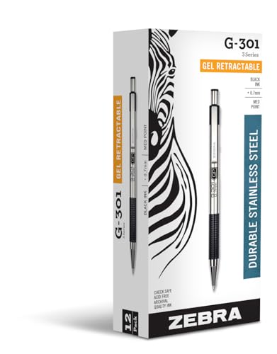 Zebra Pen STEEL G-301 Retractable Gel Pen, Black Ink, 0.7mm, 12-Pack | Stainless Steel Barrel, Textured Grip, Easy-Glide Smooth, Skipless Ink, Fine Point Tip, Professional Design (41310) - color: Black D