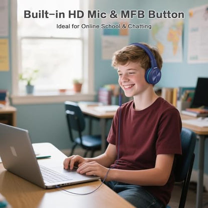 SIMOLIO USB C Wired Kids Headphones, Built-in Microphone & Share Port | USB C to 3. 5mm Dongle, 3-Level Volume Limiter, Over-Ear Headsets w/Pouch, Foldable for Airplane Travel School iPad - color: Deep Blue