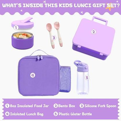 Kids Bento Lunch Box with 8oz Soup Thermo, Water Bottle, Kids Leakproof Lunch Food Containers with 4 Compartment, Insulated Hot Food Jar with Lunch Bag for School, Trvael (Purple) - color: Purple