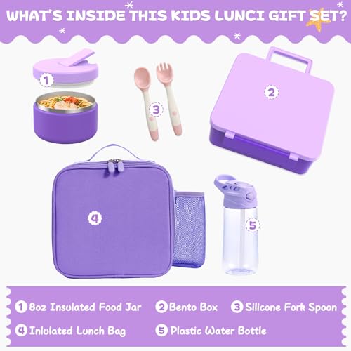 Kids Bento Lunch Box with 8oz Soup Thermo, Water Bottle, Kids Leakproof Lunch Food Containers with 4 Compartment, Insulated Hot Food Jar with Lunch Bag for School, Trvael (Purple) - color: Purple
