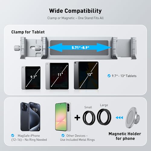 AboveTEK 2-in-1 iPad Stand for Desk, Aluminum iPad Holder Arm with Clamp & Magnetic Ring Head, 360° Adjustable Tablet Stand Holder, Bed Clamp Mount for 4.7"-13" iPads Air/Pro/Mini, Galaxy Tab & Phones