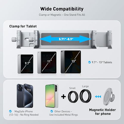 AboveTEK 2-in-1 iPad Stand for Desk, Aluminum iPad Holder Arm with Clamp & Magnetic Ring Head, 360° Adjustable Tablet Stand Holder, Bed Clamp Mount for 4.7"-13" iPads Air/Pro/Mini, Galaxy Tab & Phones