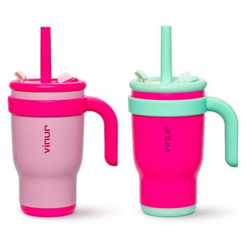 VINUR Insulated Tumbler with Handle 14 oz-17 oz Stainless Steel Double Wall Vacuum Tumbler Travel Water Cup with Lid and Straw - color: Purple Pink-Rose Pink, size: 14 Ounces