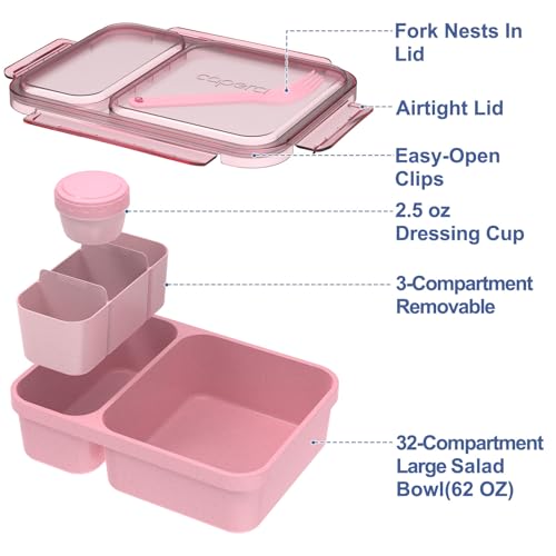 Caperci 2 Pack Salad Containers - Extra-Large 62oz Bento Lunch Box for Adults, 2-Compartment Meal Prep Container with Removable Toppings Tray, Sauce Cup, Reusable Fork, BPA-Free (Navy & Pink) - color: Navy Blue & Pink