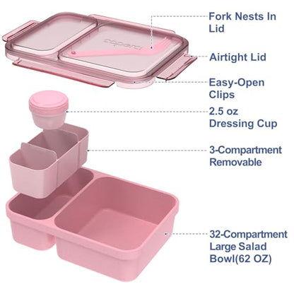 Caperci 2 Pack Salad Containers - Extra-Large 62oz Bento Lunch Box for Adults, 2-Compartment Meal Prep Container with Removable Toppings Tray, Sauce Cup, Reusable Fork, BPA-Free (Navy & Pink) - color: Navy Blue & Pink