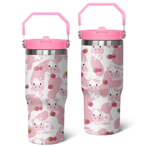Queen Hero 30 oz Pink Cow Tumbler with Handle, Large Insulated Tumbler with Flip & Straw Coffee Mug Cup Stainless Steel Gifts for Women Men Youth - color: Pink Cow