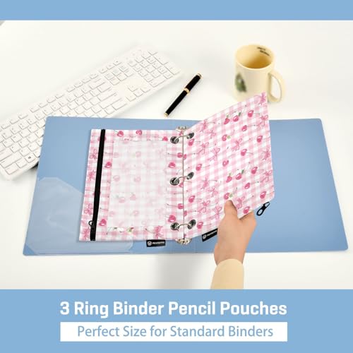 Binder Pencil Pouches Bow and Cherry Pen Case | Clear Window 3 Rings, Cosmetic Bags School Office Supplies Cosmetic Makeup Bag 2 Psc - color: Multi-cherry Plaids