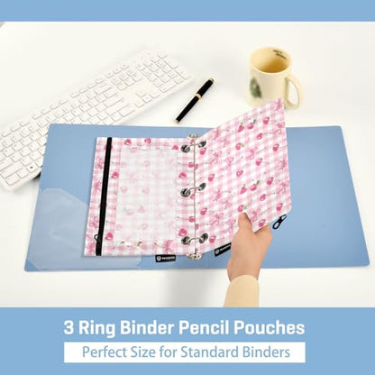 Binder Pencil Pouches Bow and Cherry Pen Case | Clear Window 3 Rings, Cosmetic Bags School Office Supplies Cosmetic Makeup Bag 2 Psc - color: Multi-cherry Plaids