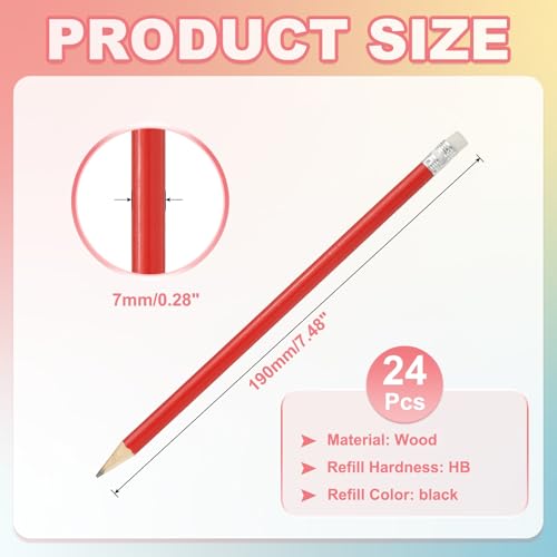PATIKIL Round Wooden Pencils Bulk, 24 Pack HB Graphite Pencils with Eraser for Office Supplies, Engineering Marking Writing Art Drawing Supplies, Red - color: Red