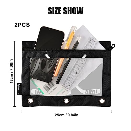 Fisyme Hockey Stick Puck Black Pencil Pouch for 3 Ring Binder Pencil Case Pencil Bag Zipper Pouch with Clear Window for Office Supplies 2 Pack - color: multi-13