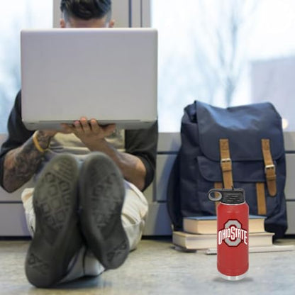 Ohio State University 32oz Stainless Steel Double Walled Red Beverage Bottle with Flip Straw Spout- College Gear for Playoff Season – For Office, Home or Auto – Show your Buckeye Pride - style: Ohio State / Red