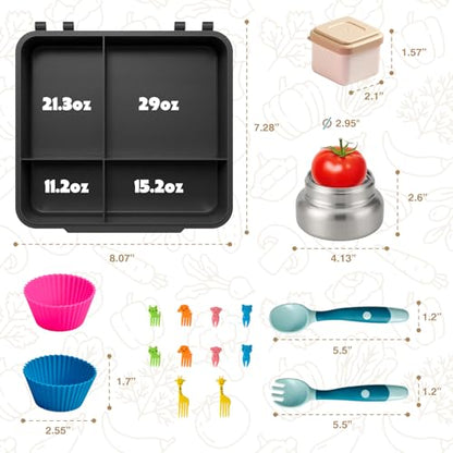 JSLOVE Bento Lunch Box with Leak Proof Thermos Food Jar for Kids, Food Lunch Containers for Boys with 4 Compartments, BPA-Free with Utensils, Food Picks, Sauce Jar & Silicone Lunch Box Dividers - color: Black