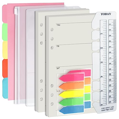 Harphia A6 6 Holes Binder Refill Set, 90Sheets Weekly Planner Insert, 5 Sheets Divider Paper, Today ruler With Inch, Translucent Zipper Bag, Pvc Card Bag, 200Pcs Colorful Index Stickers 005Da6Week - color: Week Paper Set, size: A6