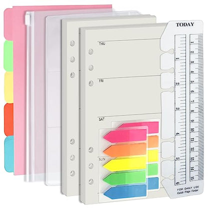 Harphia A6 6 Holes Binder Refill Set, 90Sheets Weekly Planner Insert, 5 Sheets Divider Paper, Today ruler With Inch, Translucent Zipper Bag, Pvc Card Bag, 200Pcs Colorful Index Stickers 005Da6Week - color: Week Paper Set, size: A6