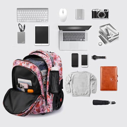 Rolling Backpack 22 Inch Backpack with Wheels for Business, College Student and Travel Commuter, Waterproof Wheeled Backpack (Pink-Flower) - color: Pink-Flower