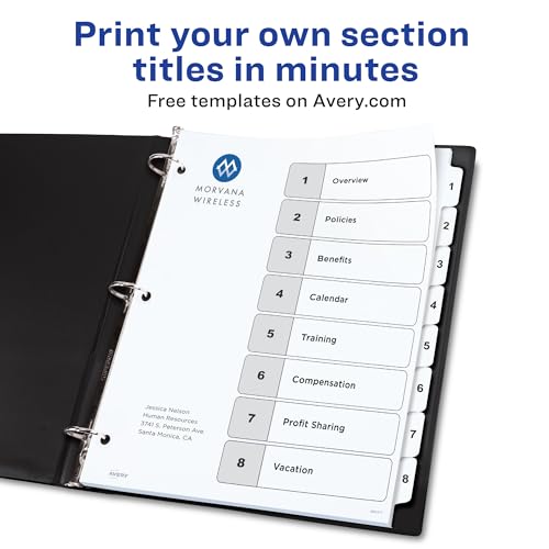 Avery 8 Tab Dividers for 3 Ring Binders, Customizable Table of Contents, Classic White Tabs, 6 Sets (11822) - size: 8 Tab