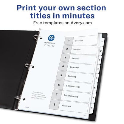 Avery 8 Tab Dividers for 3 Ring Binders, Customizable Table of Contents, Classic White Tabs, 6 Sets (11822) - size: 8 Tab