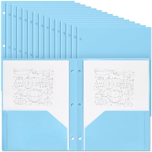 Yeaqee 50 Pcs Plastic Folders with Pockets Bulk 3 Hole Punched 2 Pocket File Folders for 3 Ring Binder Divider Folder for Notebooks, Durable Poly for Office Home (Light Blue) - color: Light Blue